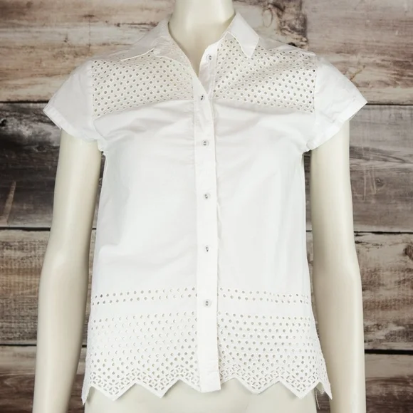 Madewell Latticework Shirt Short Sleeve Cotton Blouse Eyelet Top White Size XS - Picture 2 of 5